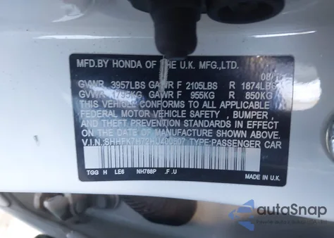 2017 Honda Civic Ex-L из США, поврежденный, VIN SHHFK7H72HU400507